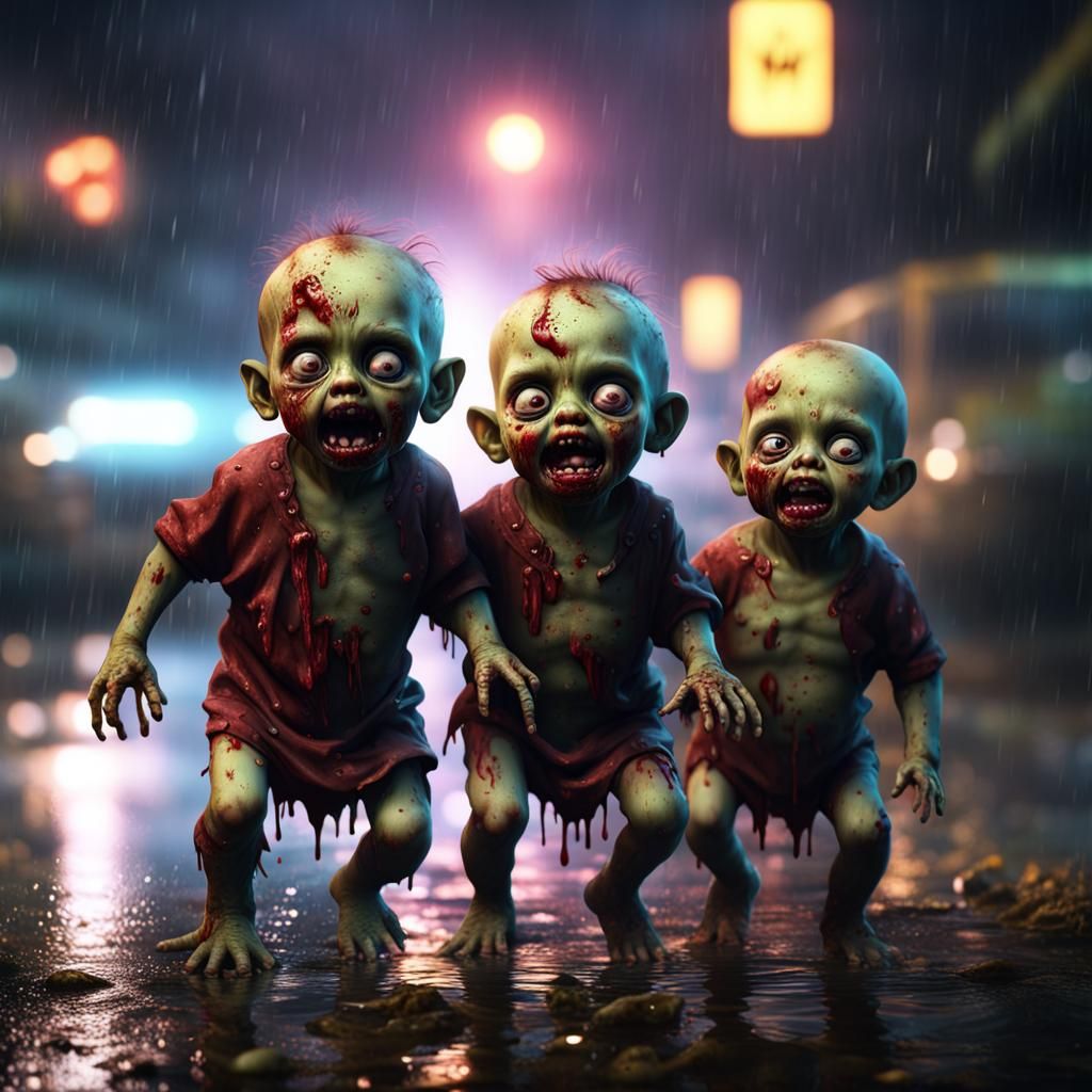 Hyperrealistic Zombie Babies in Rainy Night Scene