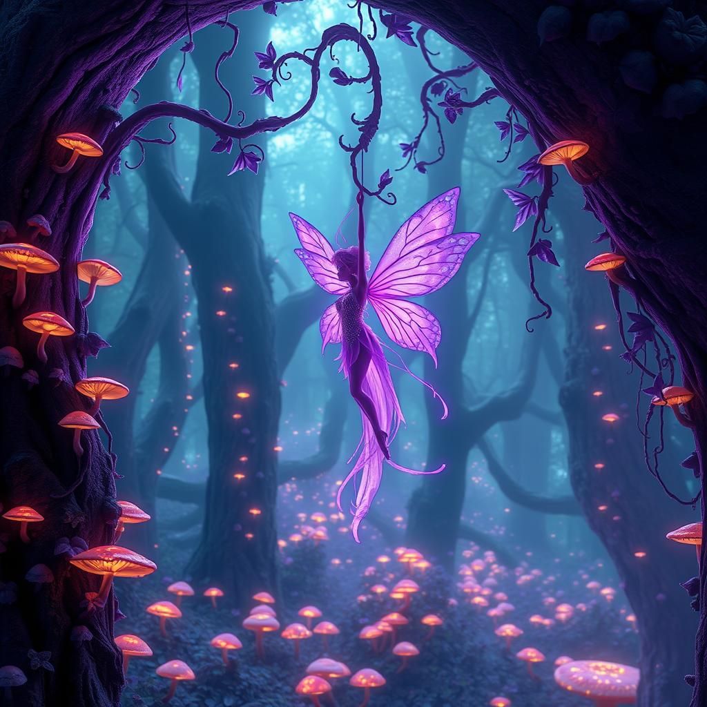 Luminescent Fairy on Purple Vine in Dreamlike Forest