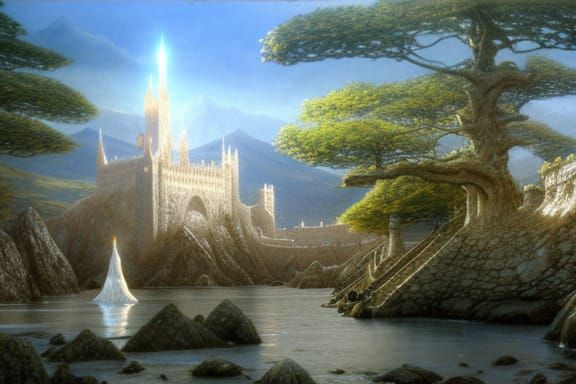 Elvish Medieval Castle on Rock Facing Blue Sea