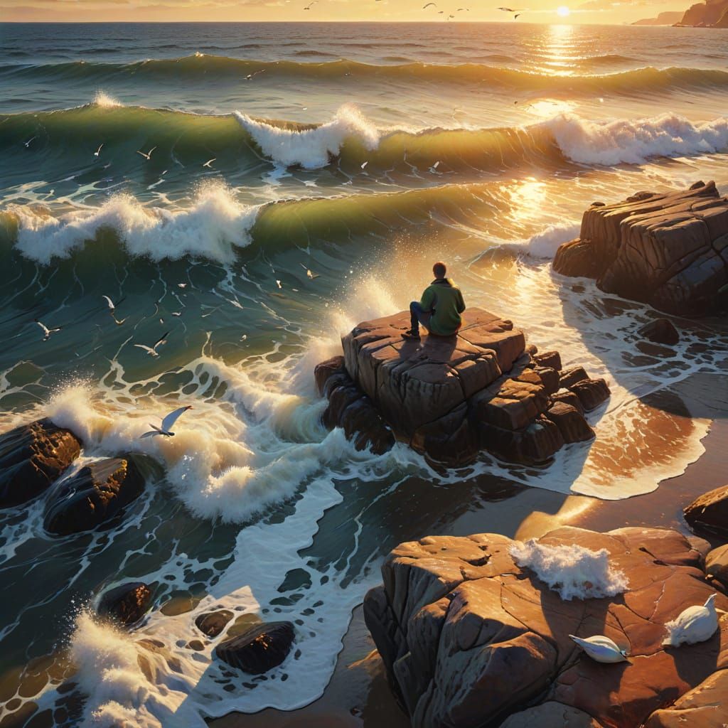 Serene Seaside Contemplation in Vibrant Oil Painting