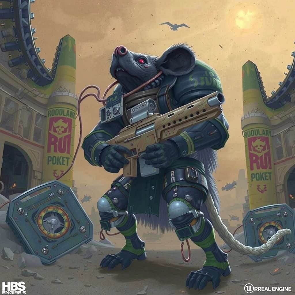Cyberpunk Rat Warrior in Post-Apocalyptic Ruins