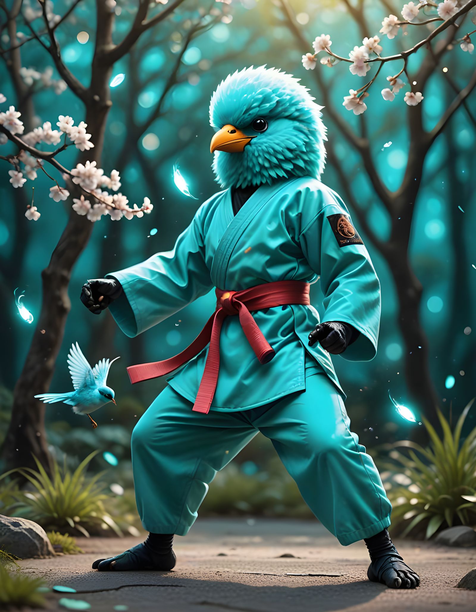 Turquoise Bird Person Doing Karate in Bioluminescent Fantasy