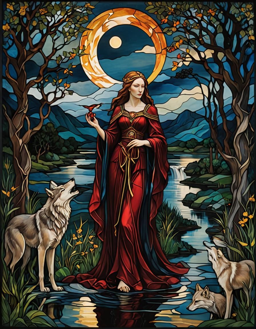 Celtic Goddess in Stained Glass, Neo-Cubism Style