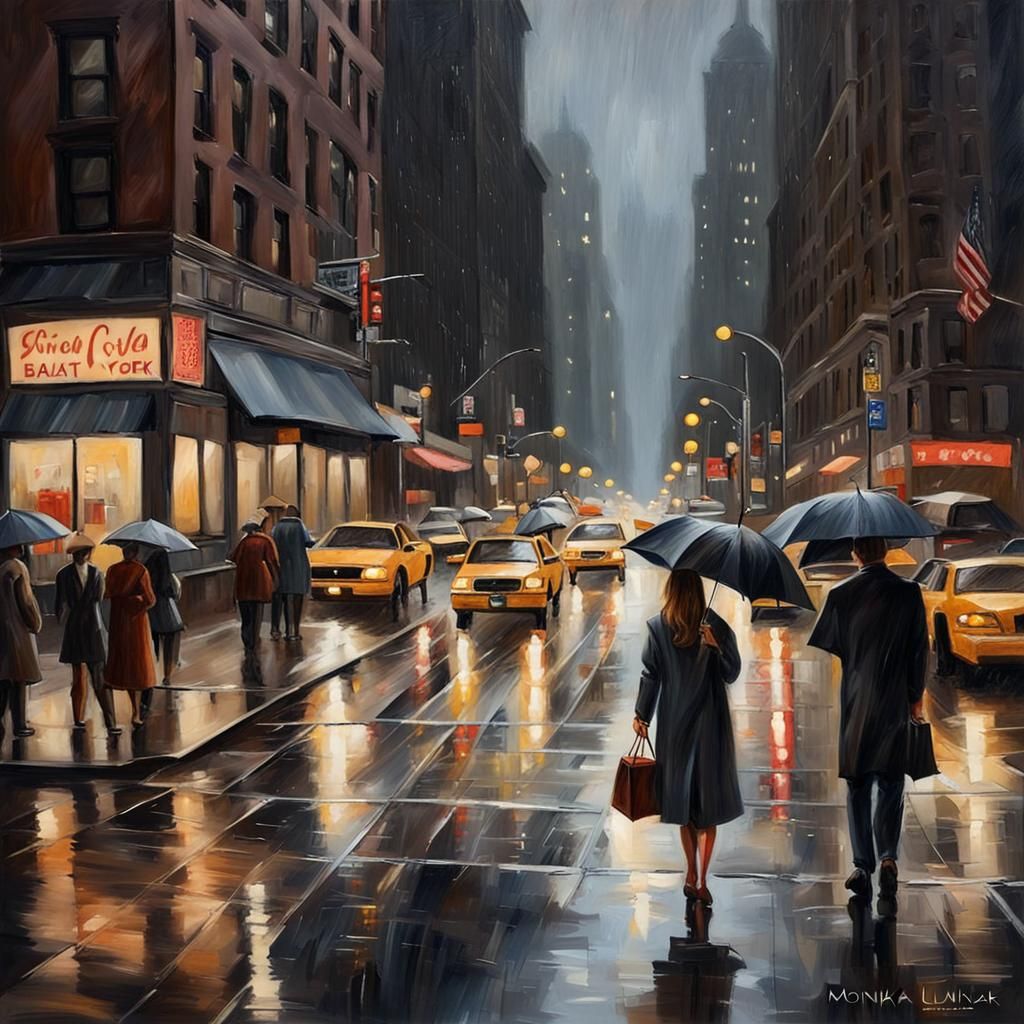 Rainy New York Street Scene in Painterly Style
