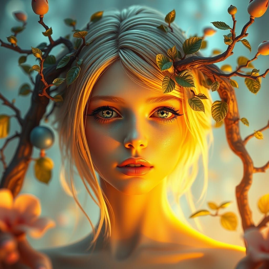 Woman with Branches and Leaves Emerging from Her Eyebrows in...