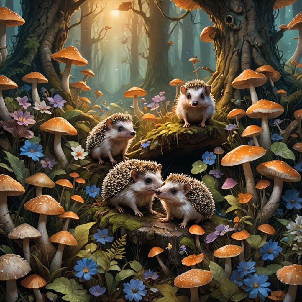 Baby Hedgehogs in Enchanted Forest: Fantasy Art