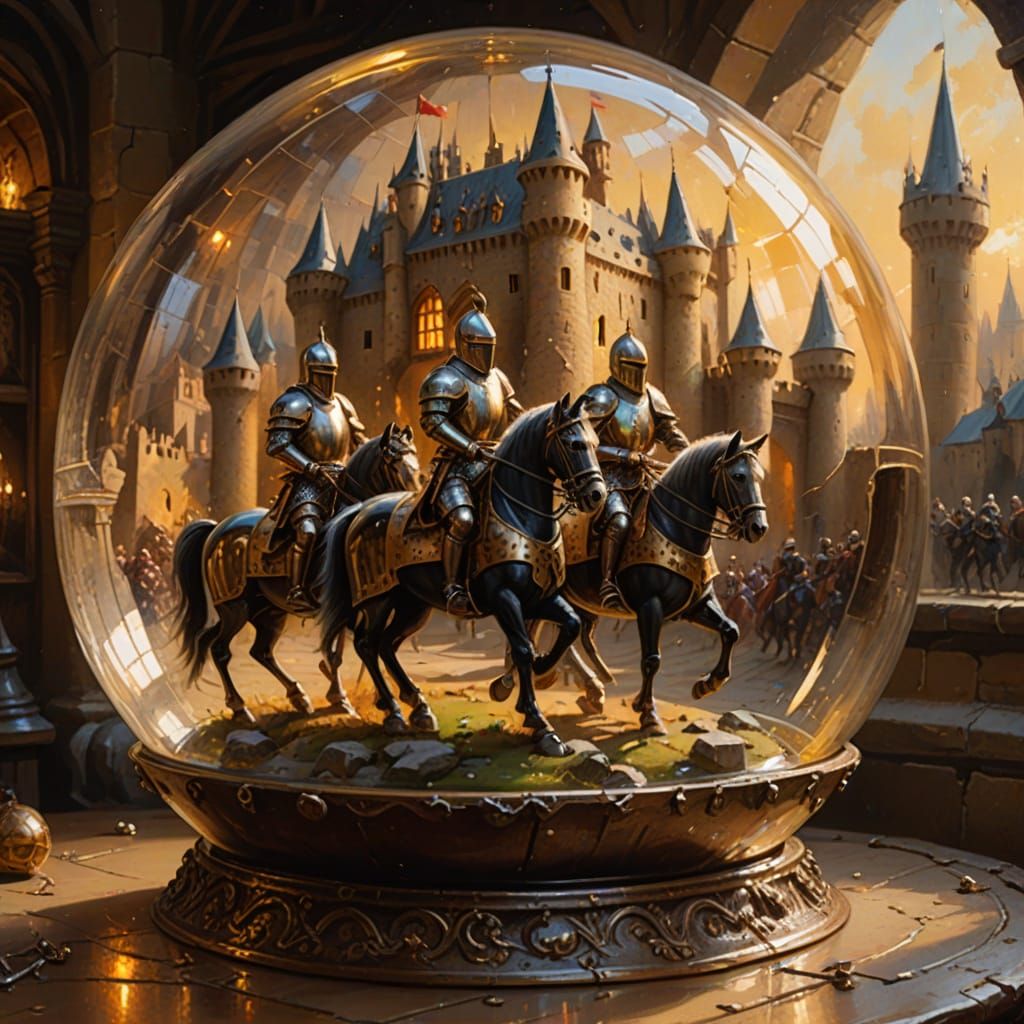 Knights Jousting in Glass Sphere, Oil Painting