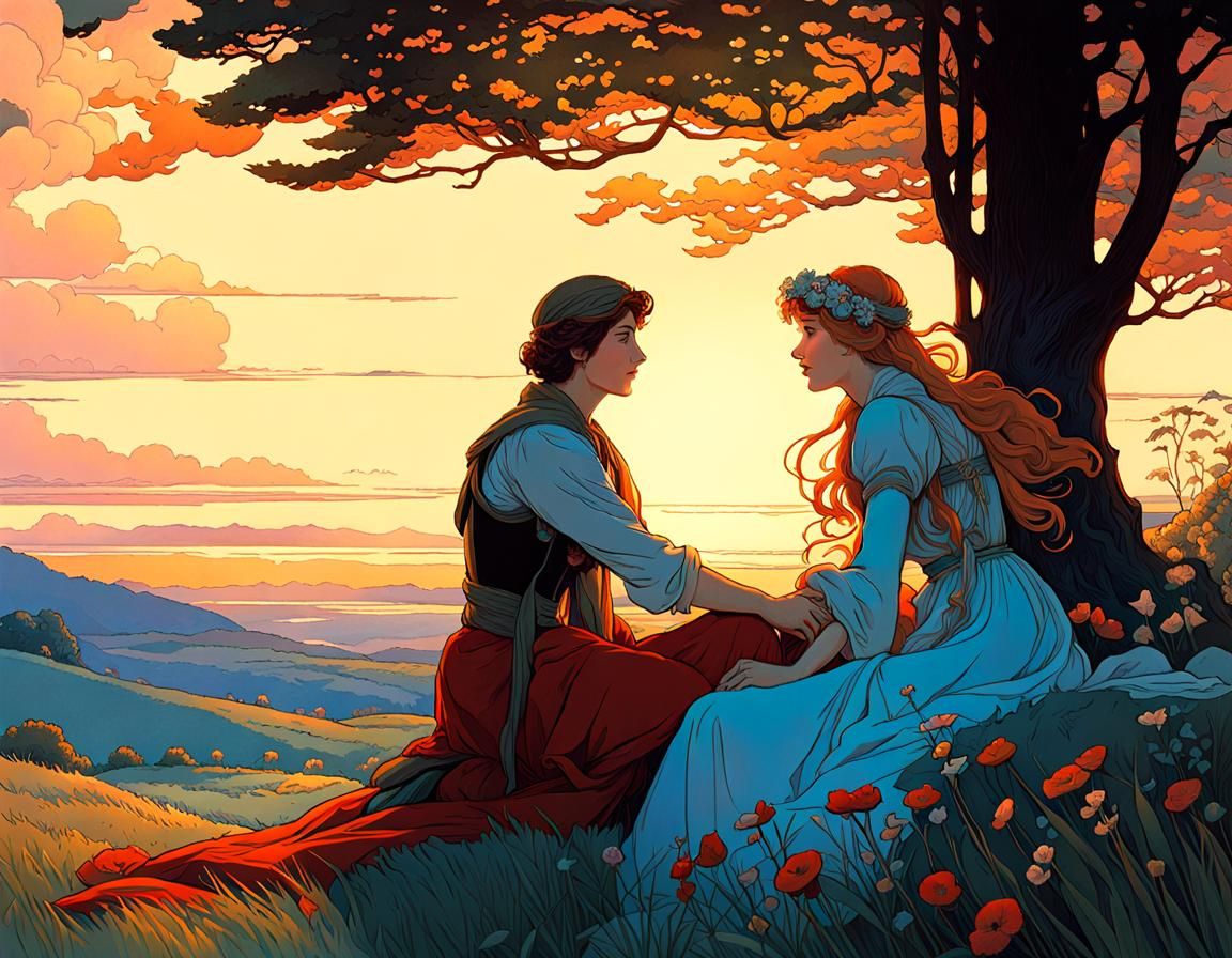 Romantic Queer Couple Reunion in Art Nouveau Style