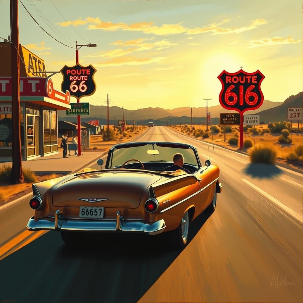 Vintage Convertible on Route 66 at Golden Hour
