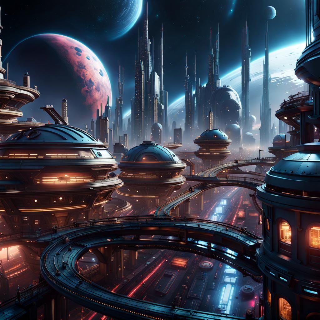 Cyberpunk Spaceport Cityscape: Detailed Matte Painting