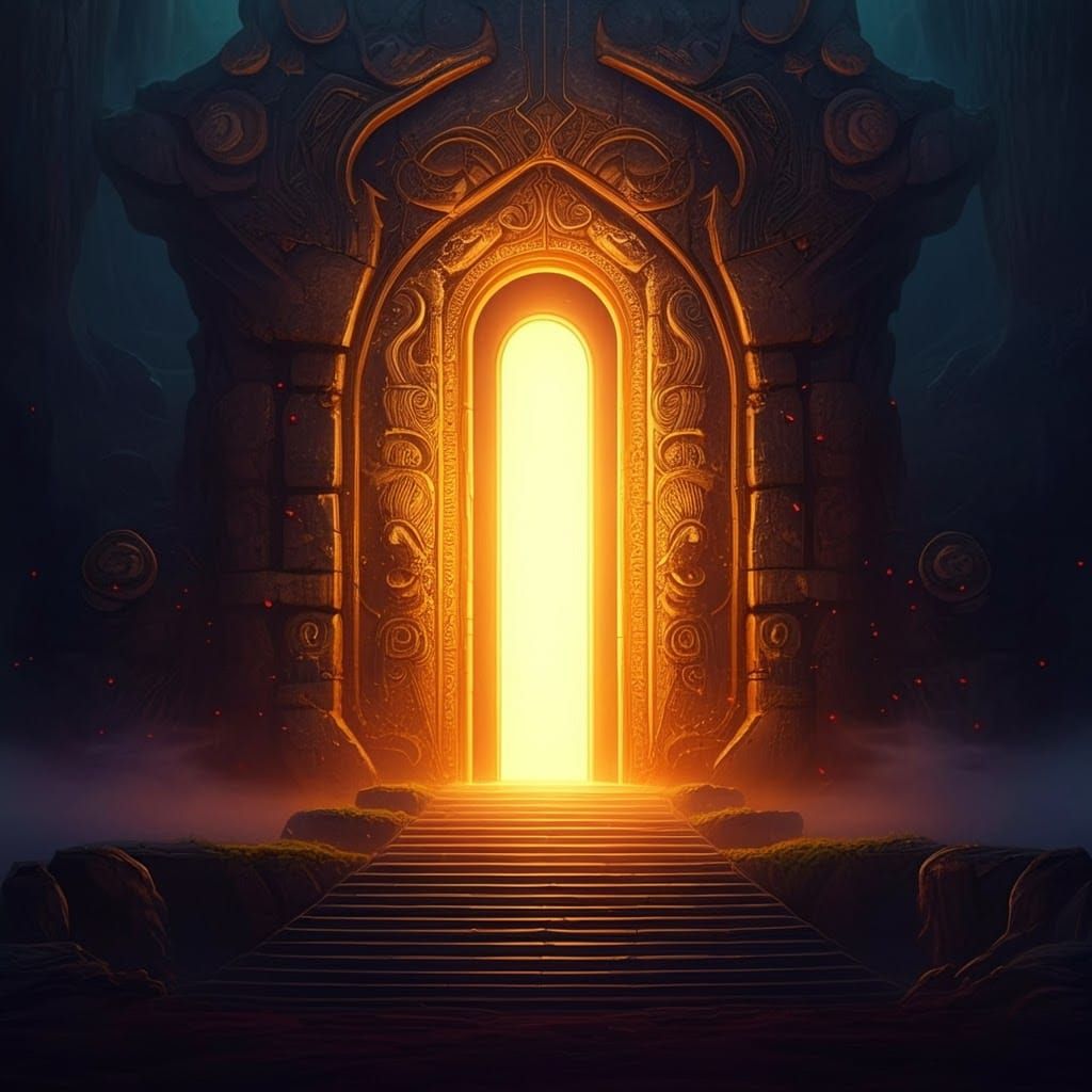 Mystical Portal with Golden Glow and Stone Carvings