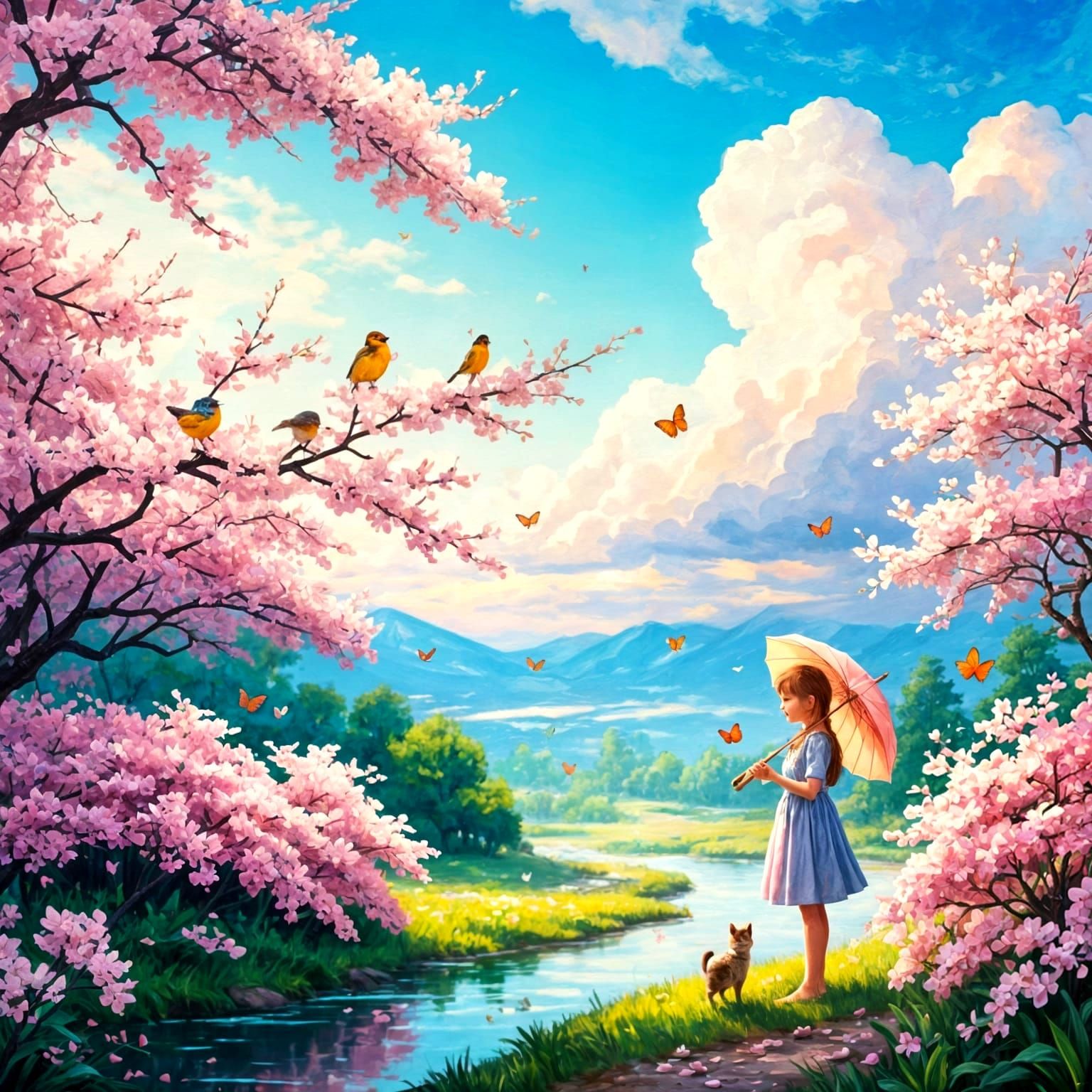 Enchanting Spring Fantasy Landscape with Whimsical Touches