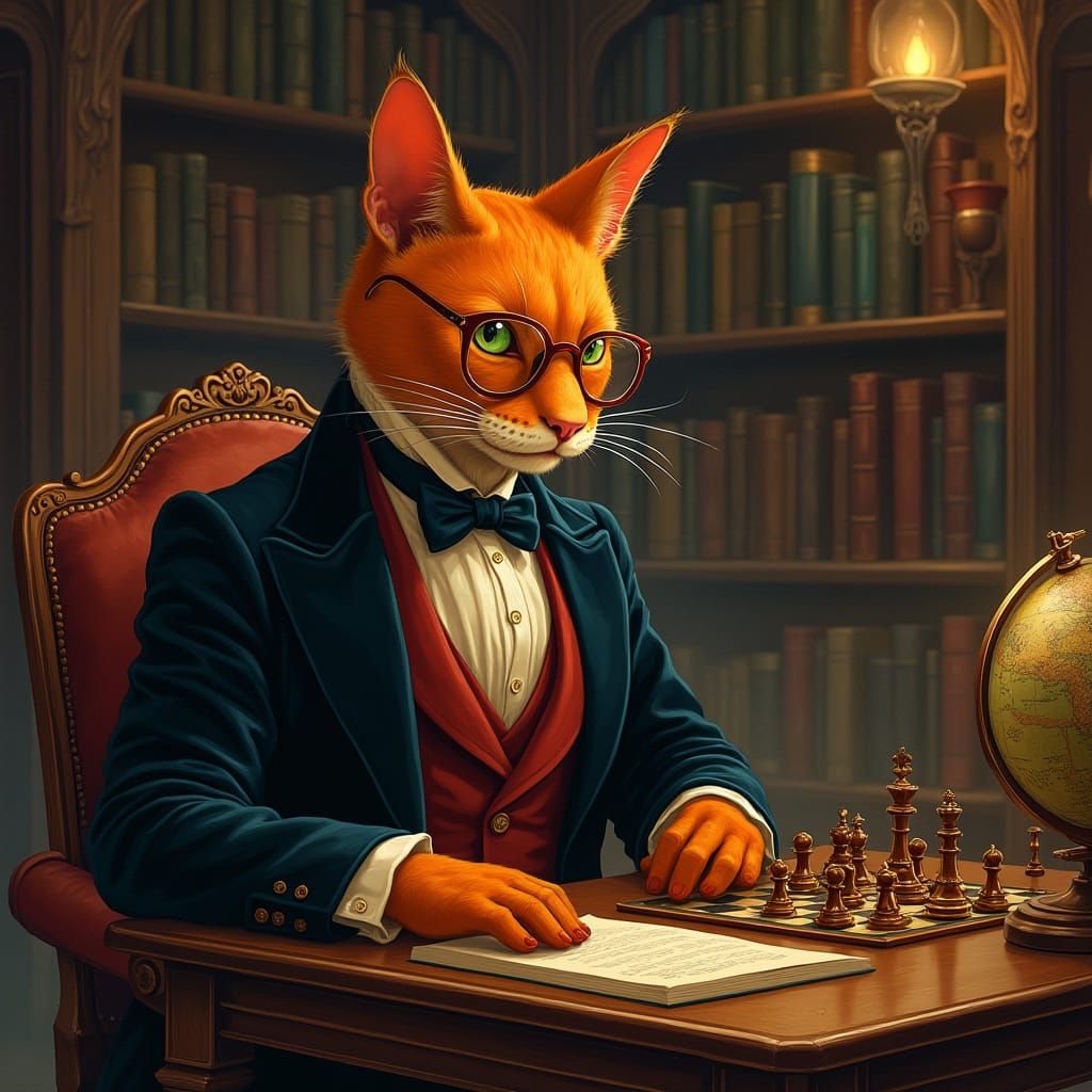 Tabaxi Doctor in Steampunk Library, Dark Academia