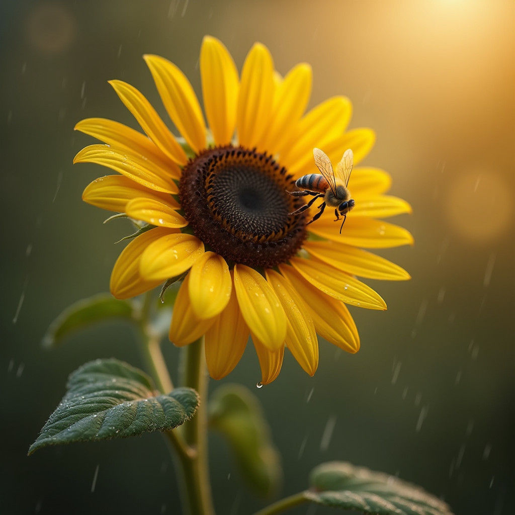 Sunflower with Bee on a Rainy Day Photograph