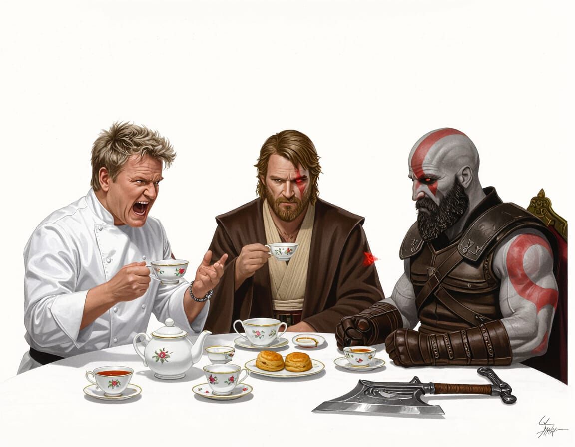 Surreal Tea Party With Iconic Characters in Victorian Room