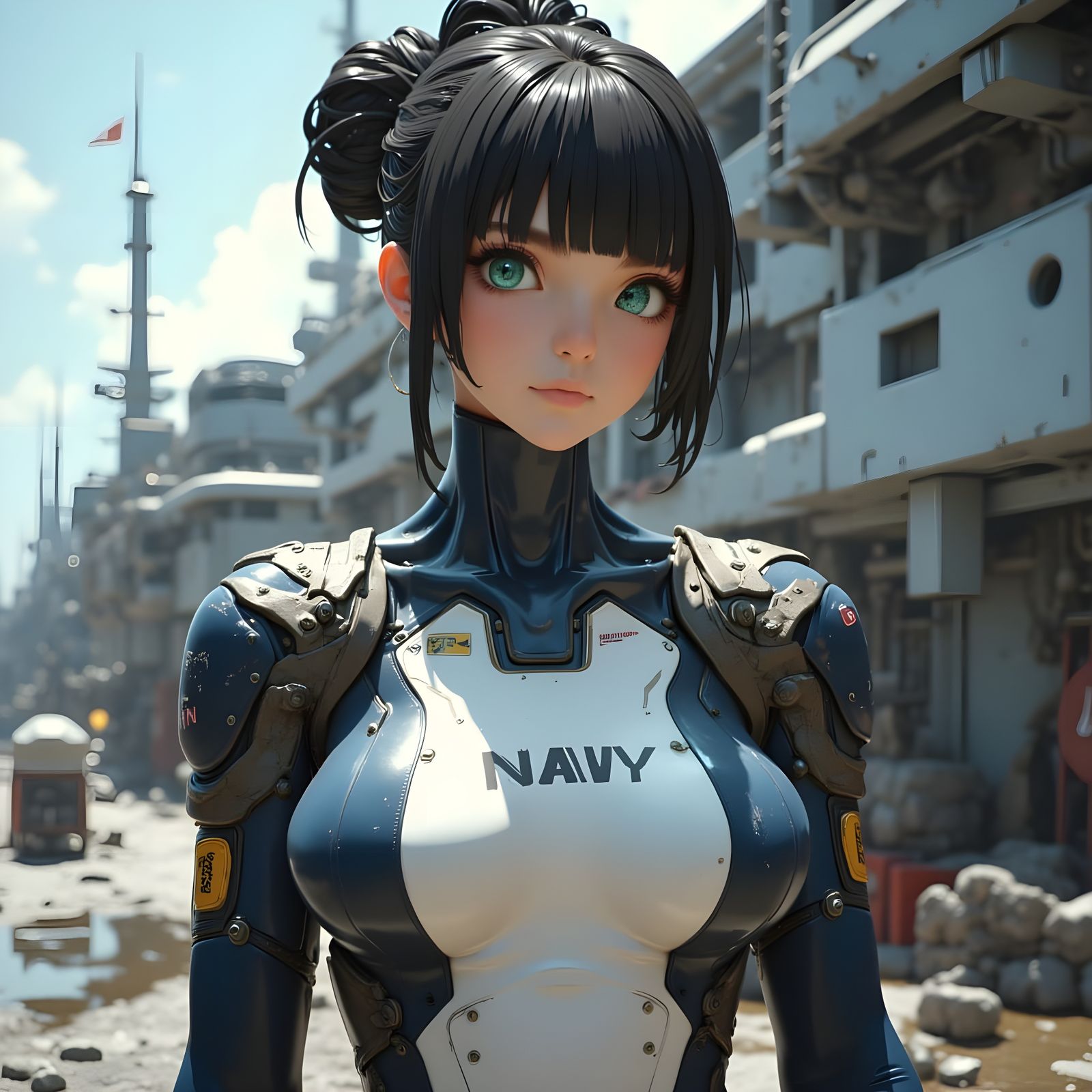 Neo-Cyberpunk Navy Officer in Fantastical Naval Shipyard