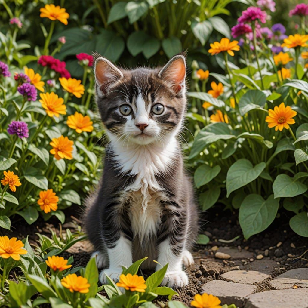 Kitten Plays in a Vibrant Garden