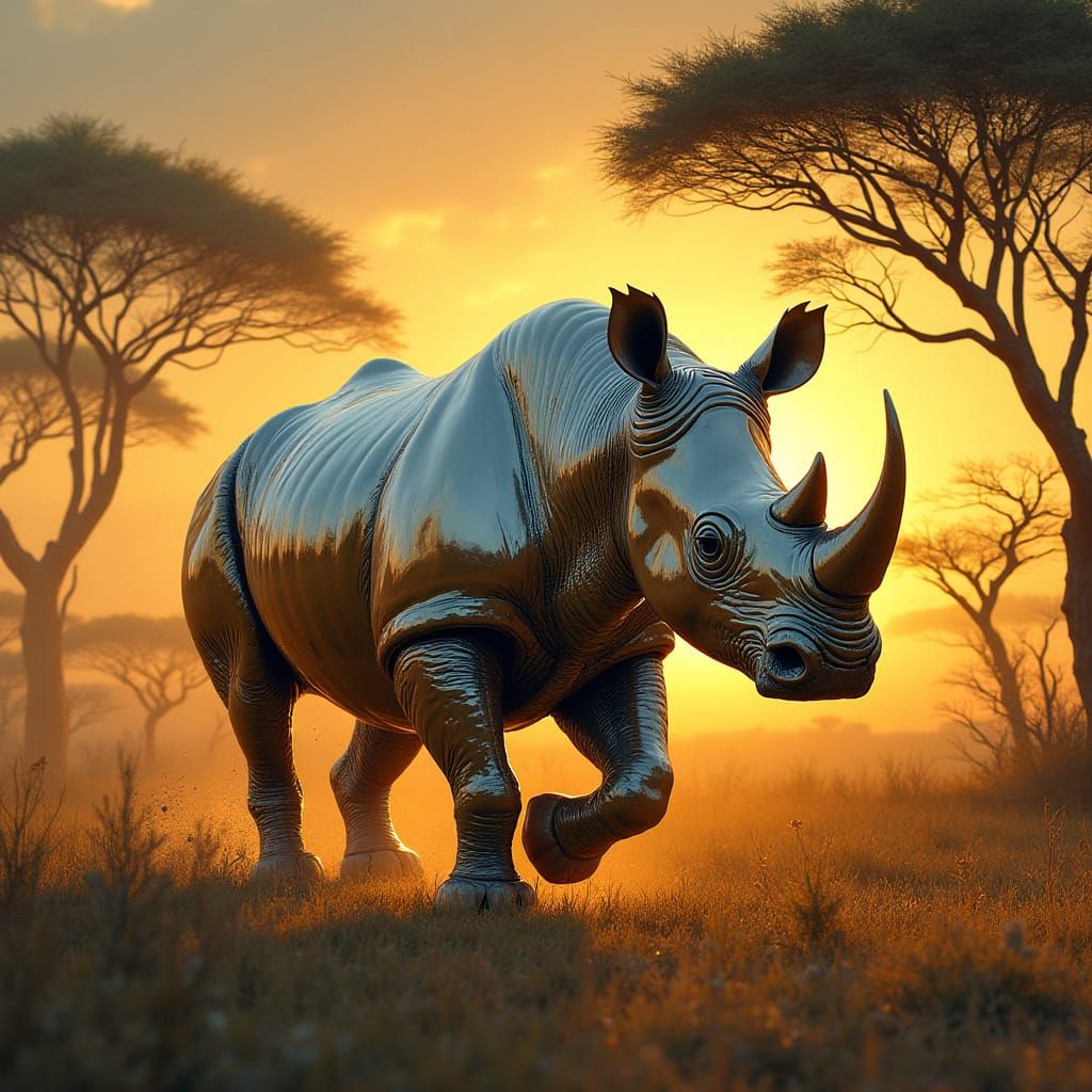 Chrome Rhinoceros Charges Through Golden Sunset Savanna