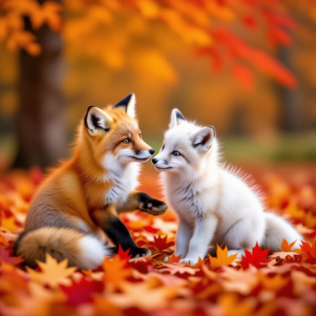Red fox and white fox cub