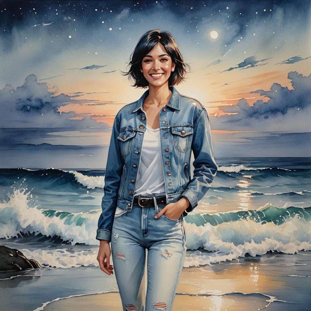 Young Woman in Denim: Realistic Oil and Watercolor Painting