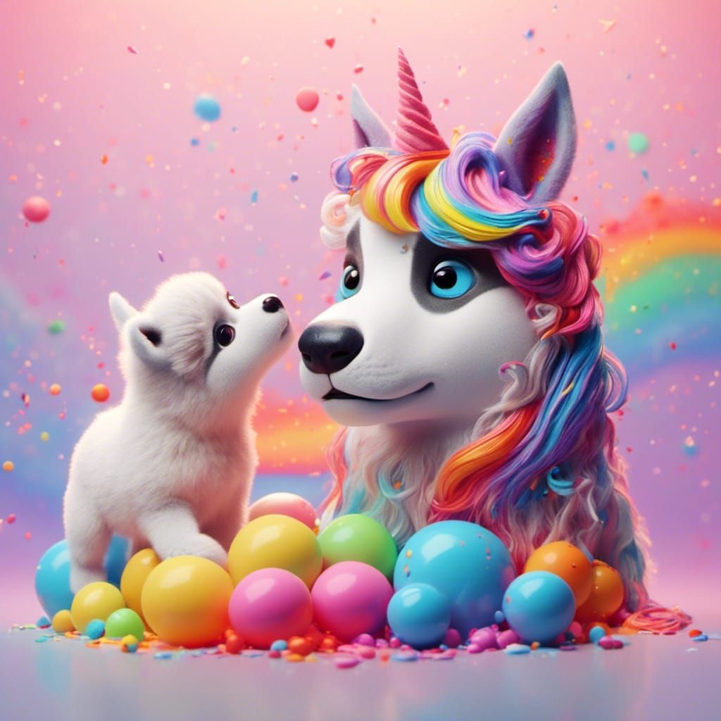 Rainbow Unicorn and Husky Puppy in Abstract Art