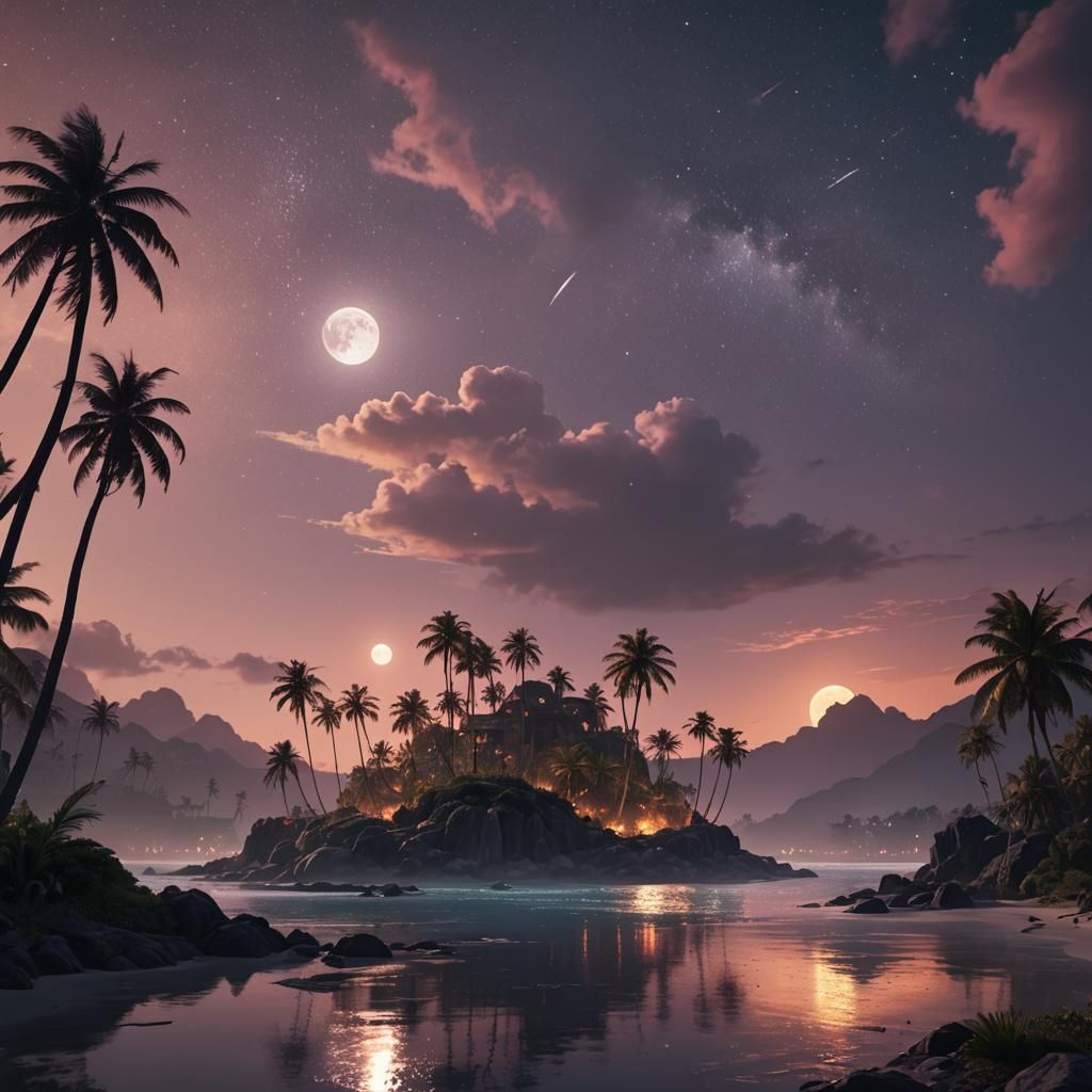 Mystical Island Moonscape at Dusk: Fantasy Concept Art