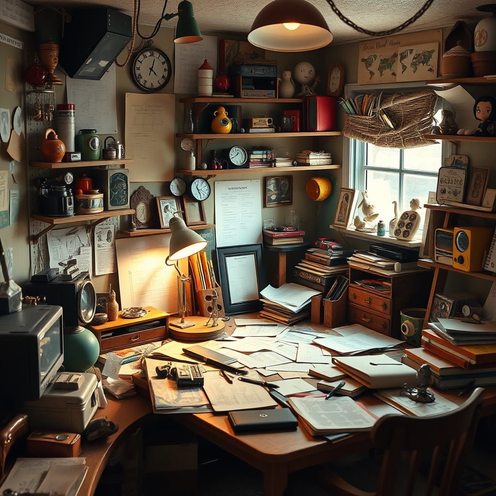 Whimsical Workspace in Warm, Golden Light