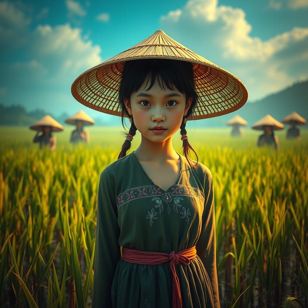 Vietnamese Girl in Lush Rice Paddy Scene
