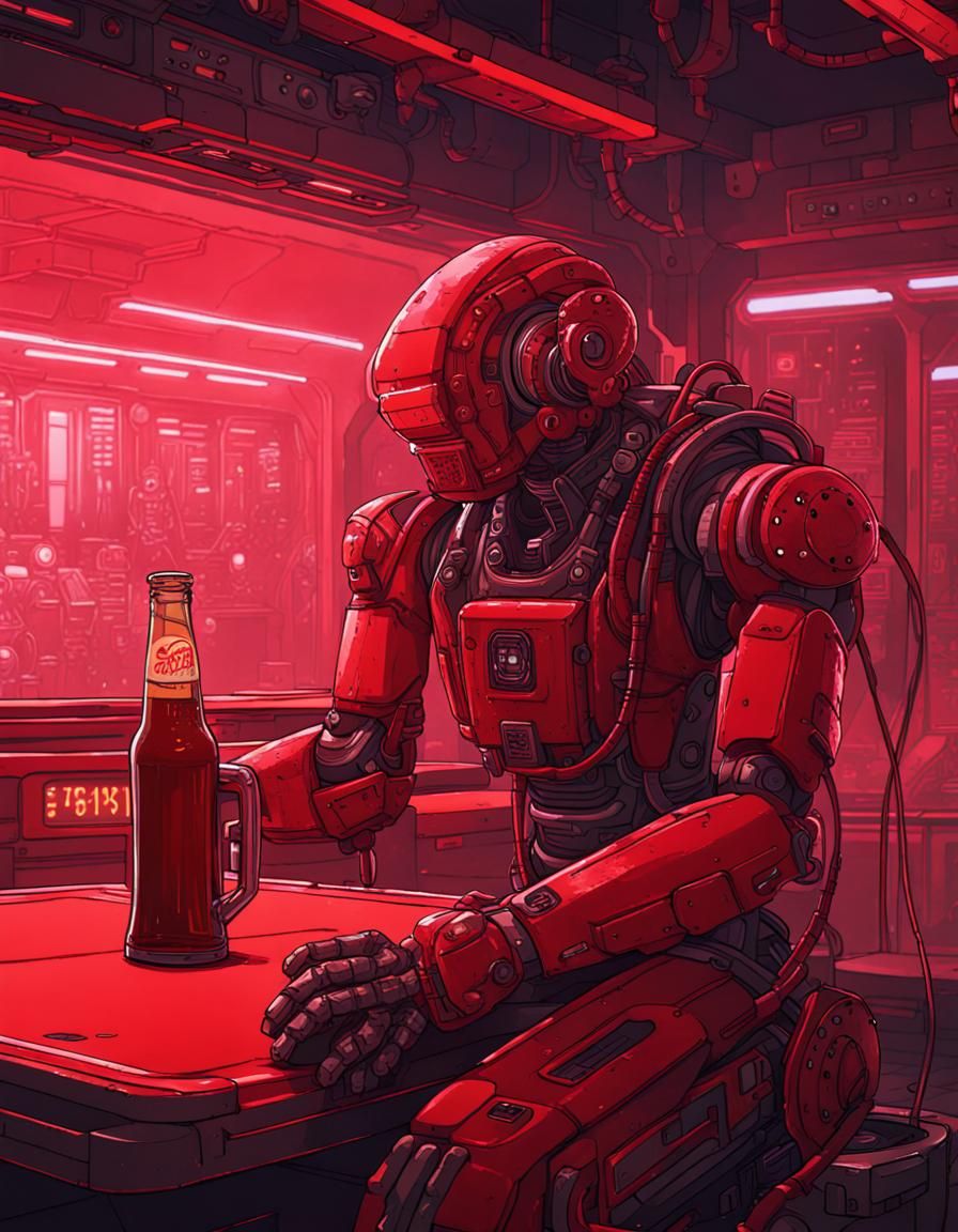 Sad Robot Drinks Beer in Cyberpunk Spacestation