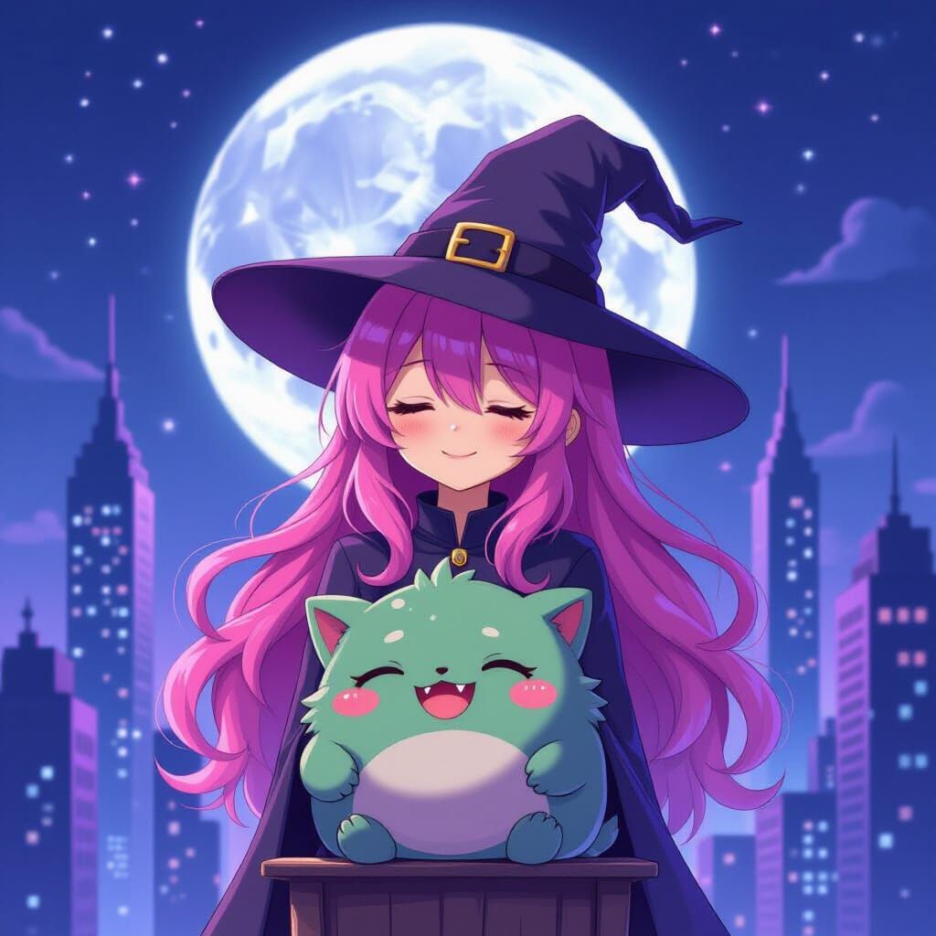 Anime Witch in Sci-Fi Cityscape: Minimalist Style