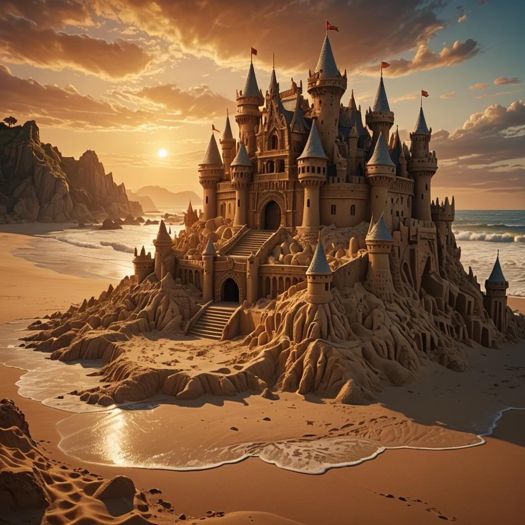 Epic Sunset Beach Castle in Photorealistic Detail