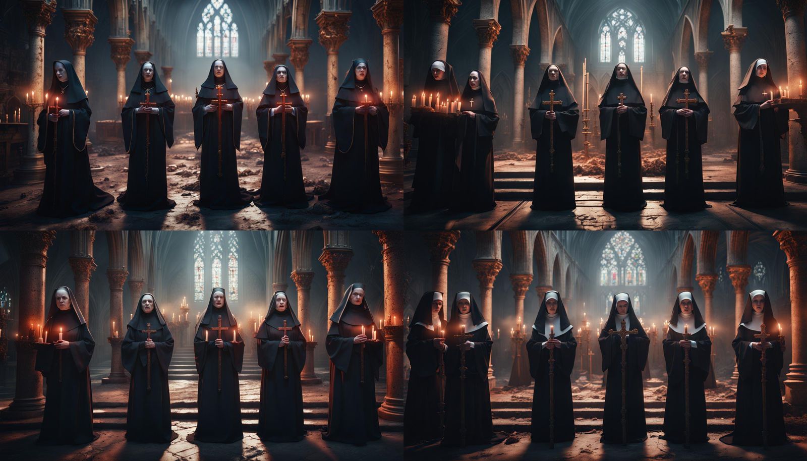 Eerie Nuns in Gothic Procession: Matte Painting