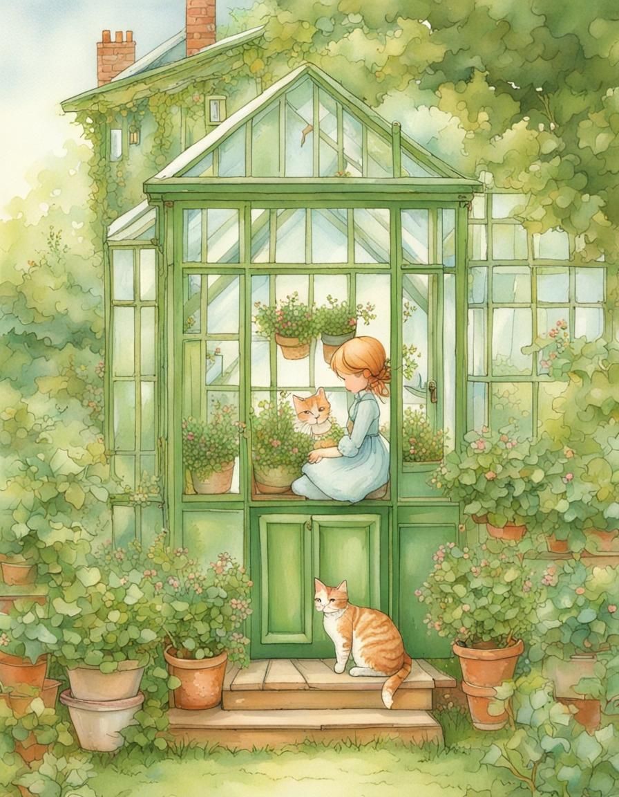 Charming Green House and Cat in Holly Hobbie Style