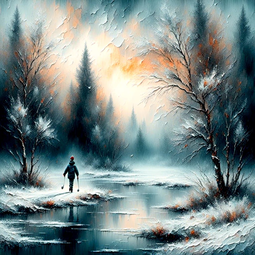 Winter River Scene in Watercolor and Alcohol Ink