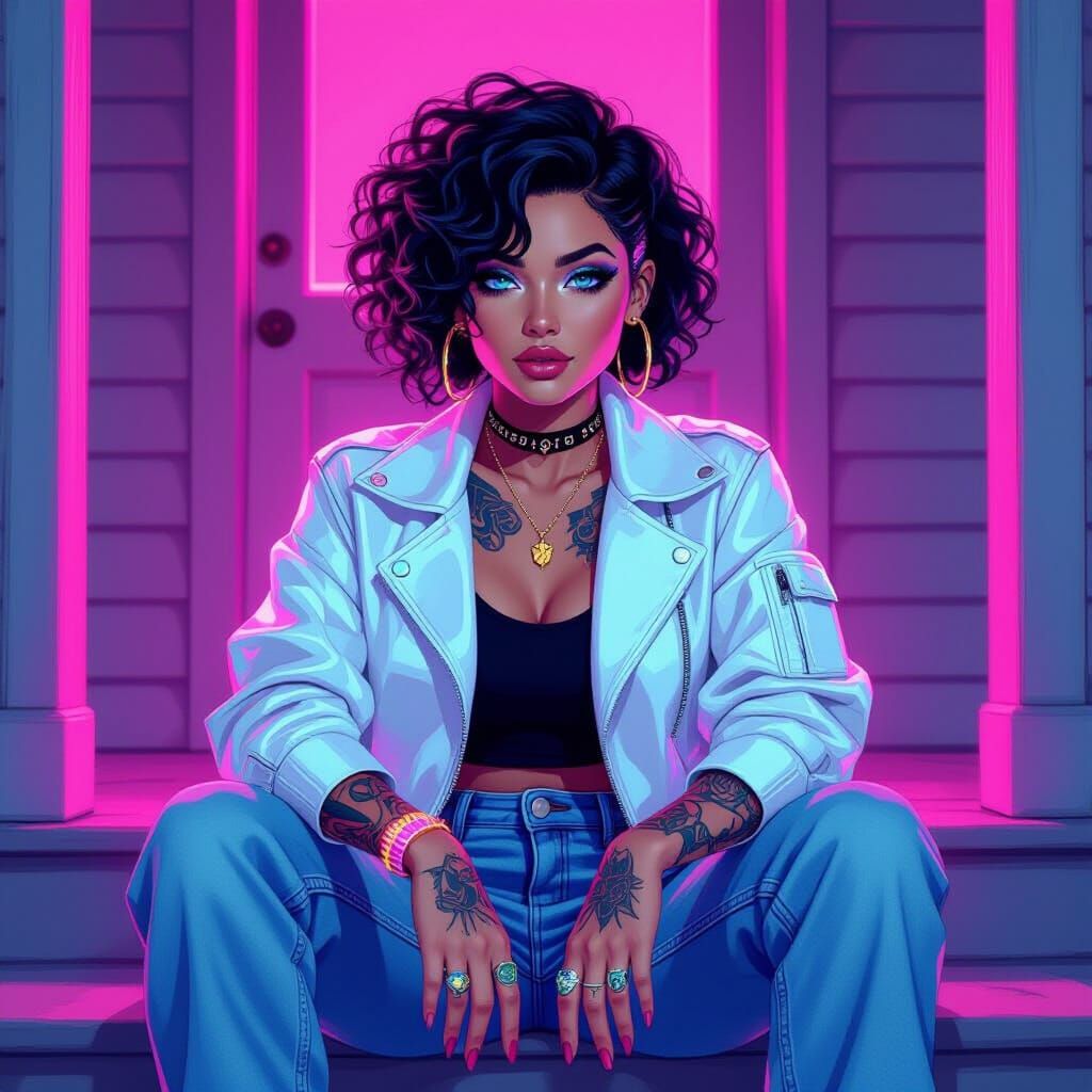 Neon Lady Portrait in 80s Nostalgic Style