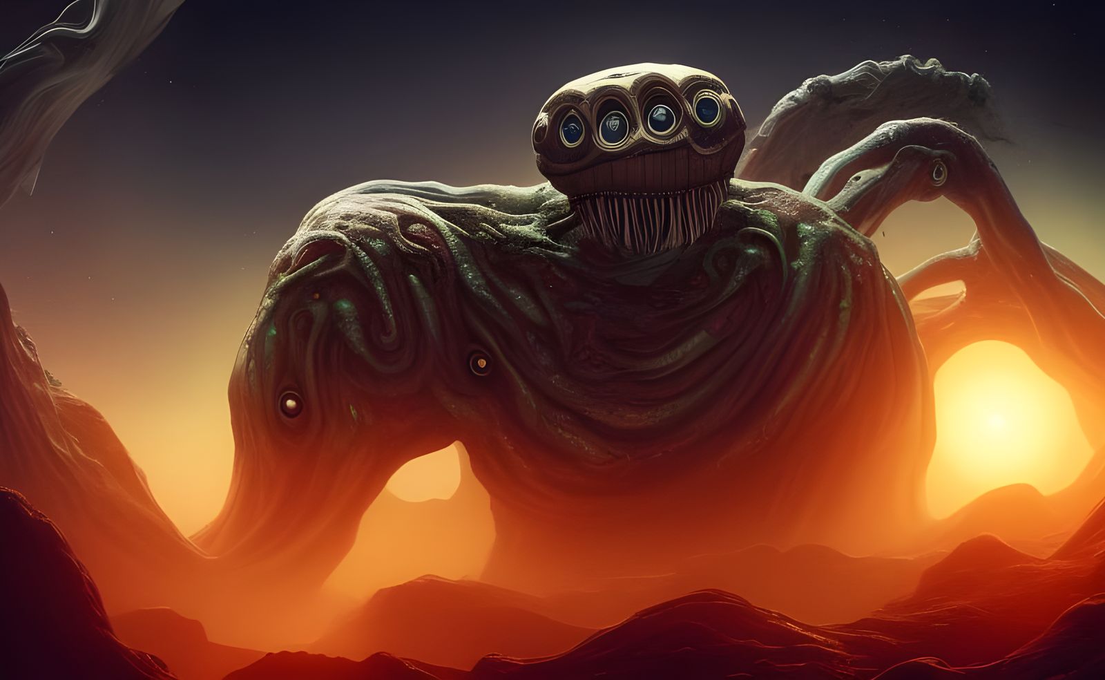 Hyperrealistic Alien Landscape with Tentacled Creature