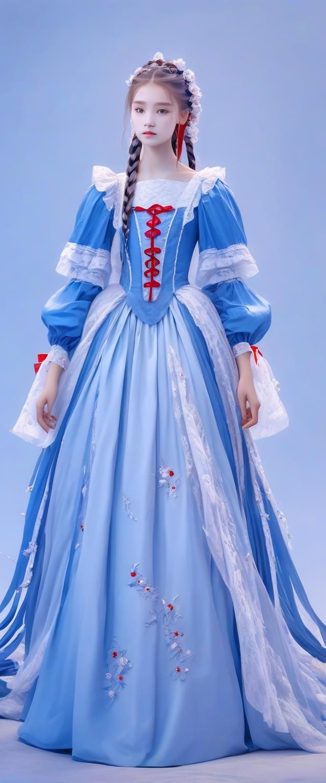 Romantic Princess with Long Braids in Blue Gown