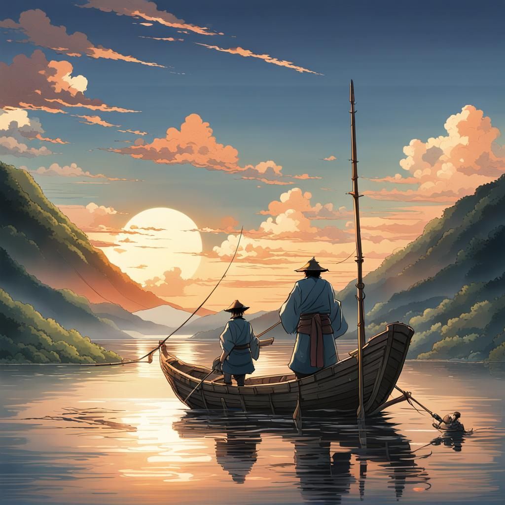 Anime Fisherman at Sunset in Medieval Japan