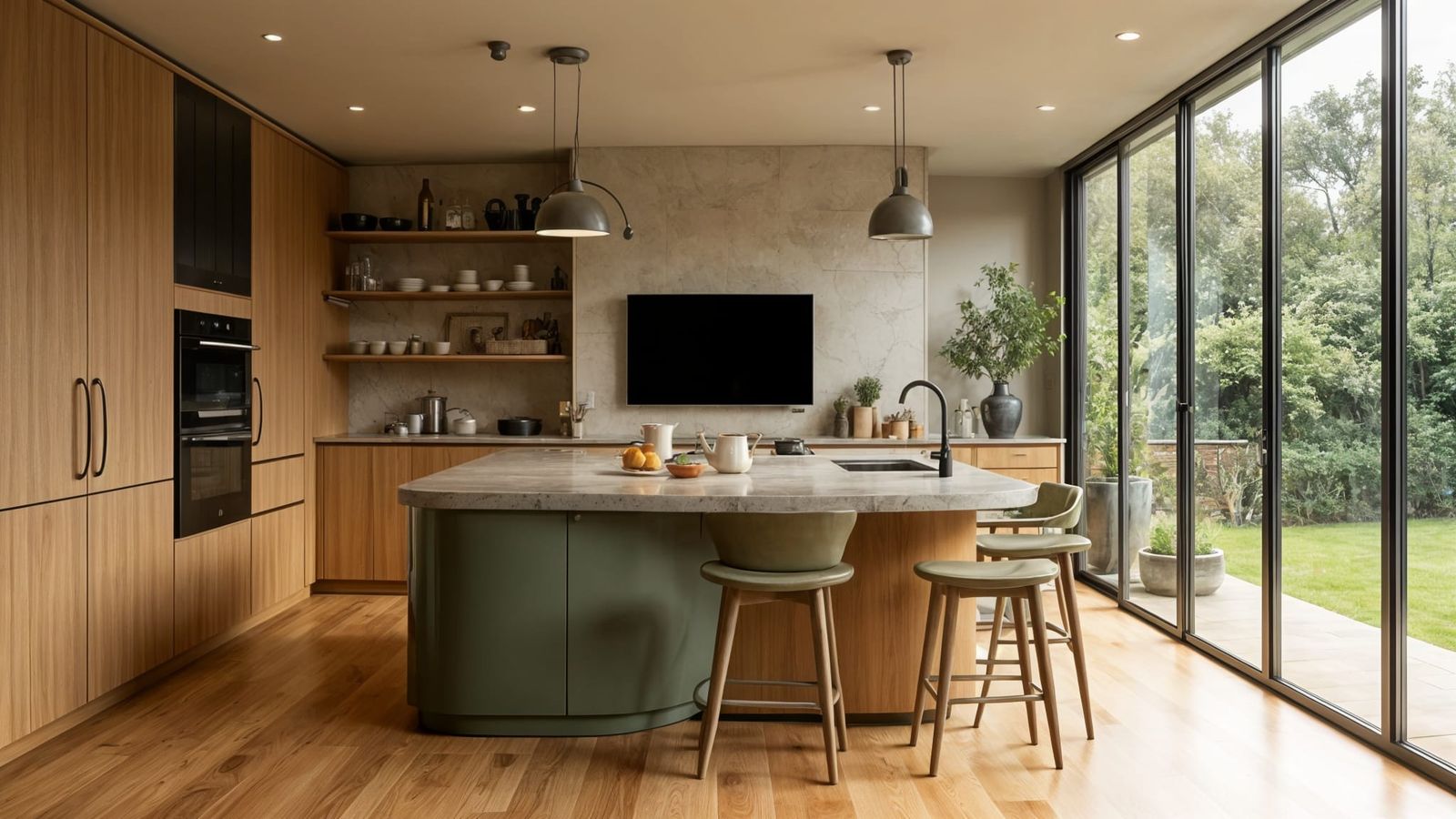 Organic Modern Kitchen with Curved Cabinetry and Earth Tones