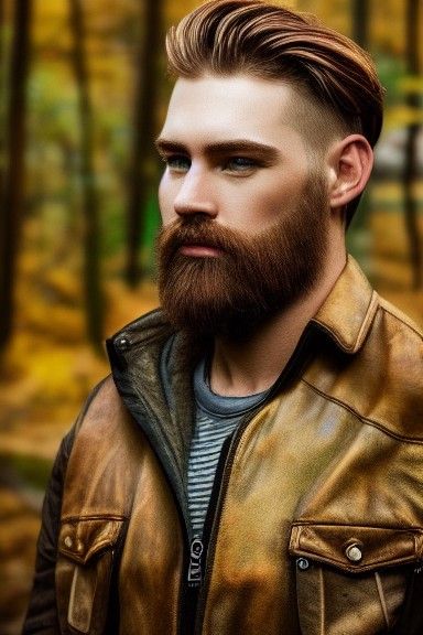 Handsome Man in Autumn Forest with Green Eyes