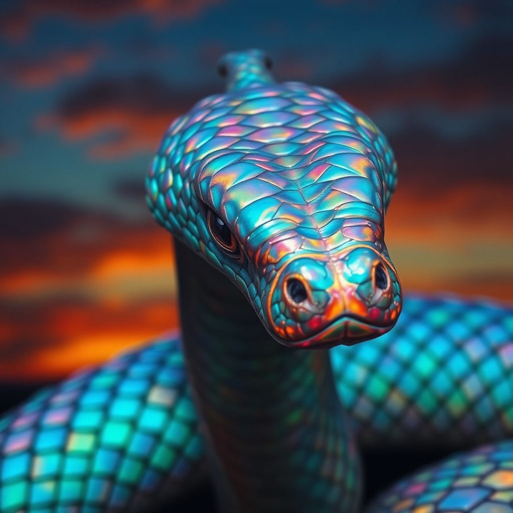 A single, obsidian eye, iridescent scales shimmer under a ce...