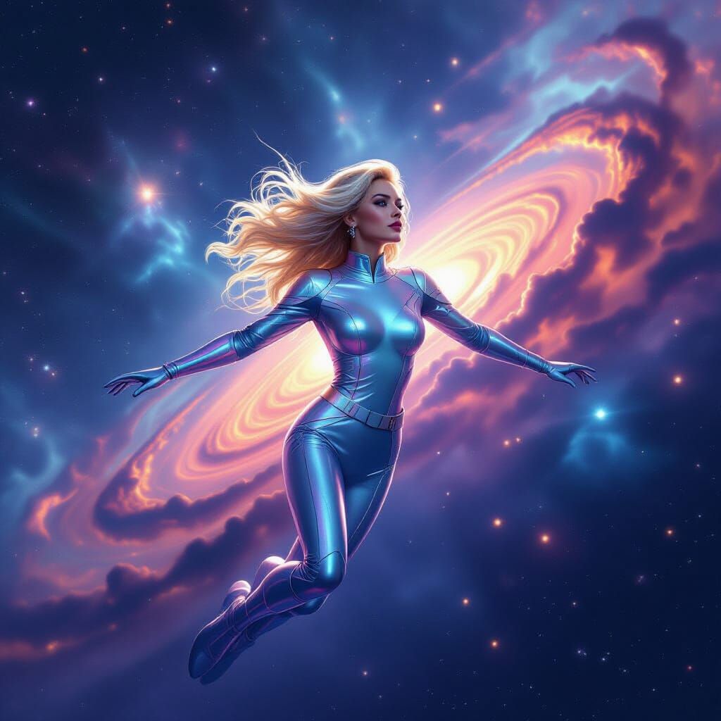 Blonde Woman Soars Through Cosmic Nebula