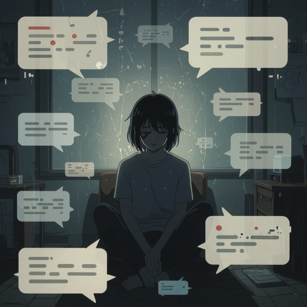 Melancholic Figure with Faded Speech Bubbles, Anime Art