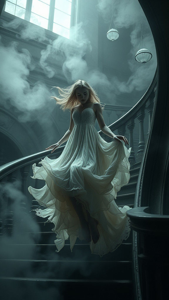Ethereal Ghost Girl on Staircase in Dreamlike Style