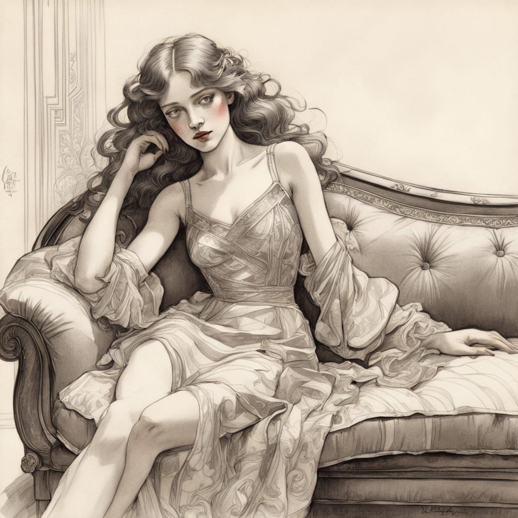 Elegant Woman in Mini Dress on Plush Sofa