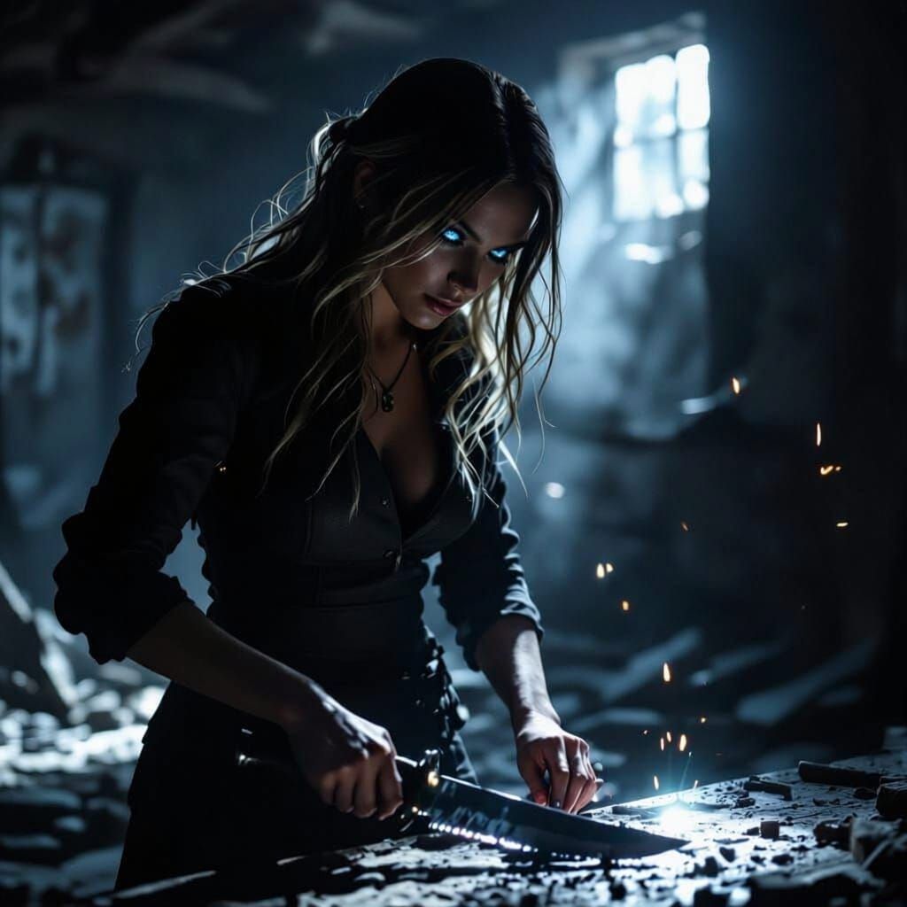 Mysterious Woman Sharpening Machete in Ruined Room