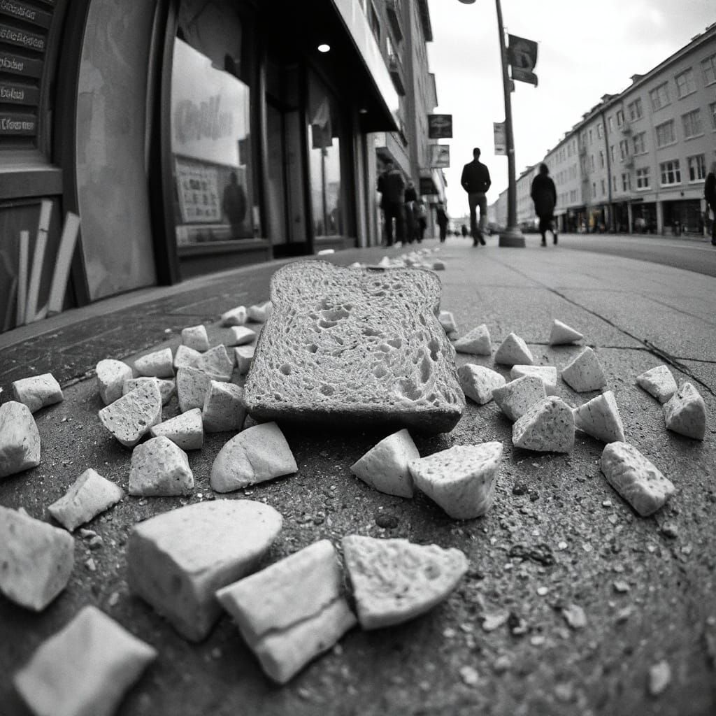 Fisheye View of Bread on Sidewalk in Black and White