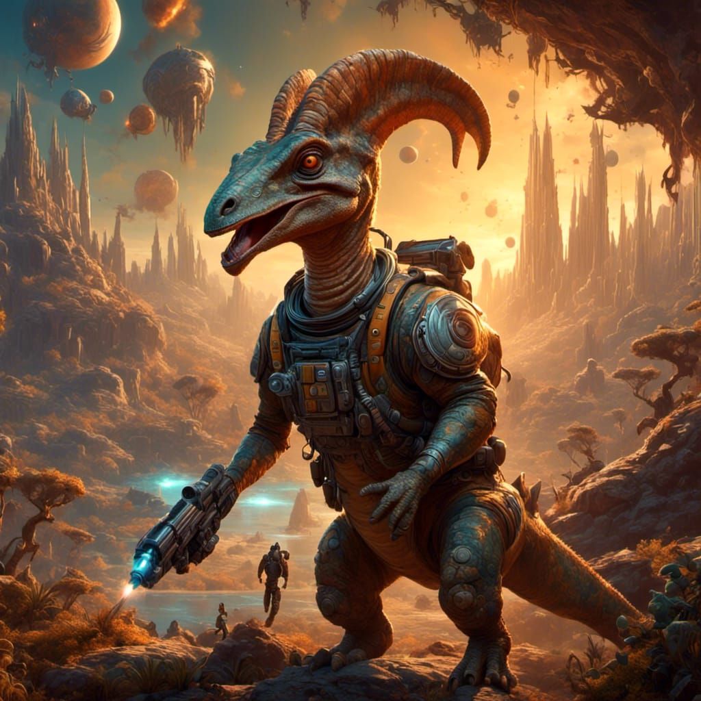 Laughing Parasaurolophus Warrior in Sci-Fi Comic Style