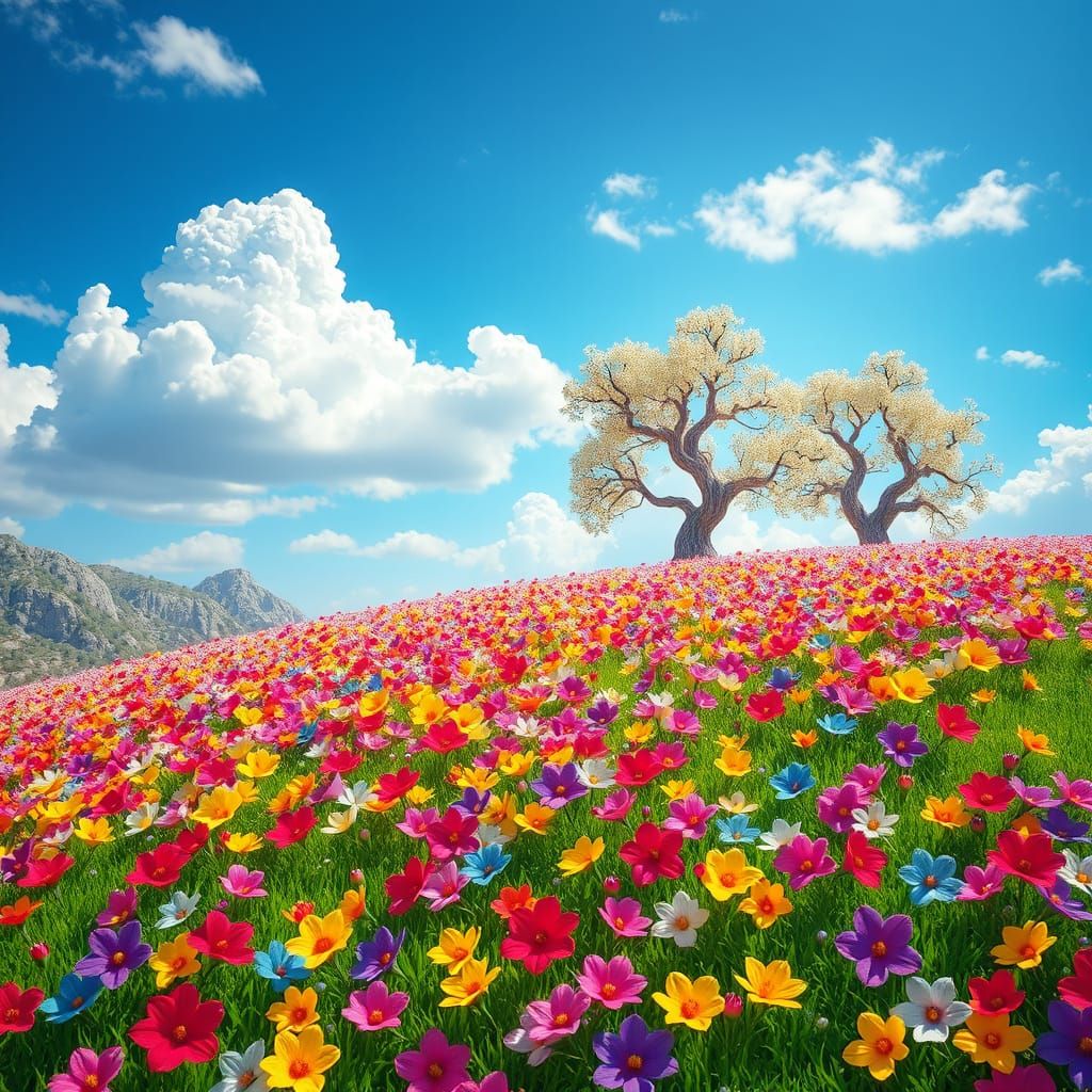 Vibrant Springtime Scene in Whimsical Digital Illustration