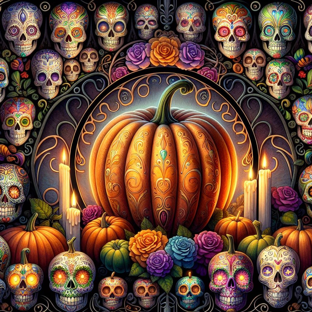Art Nouveau Pumpkin Surrounded by Sugar Skulls